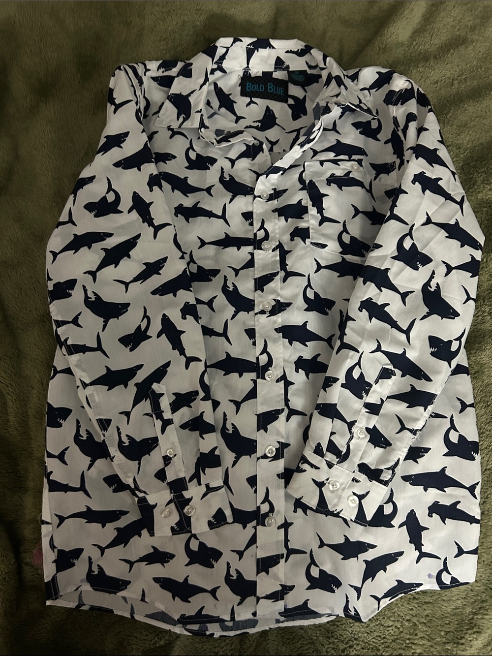 Others Follow White Button-Down Shirt with Navy Shark Print